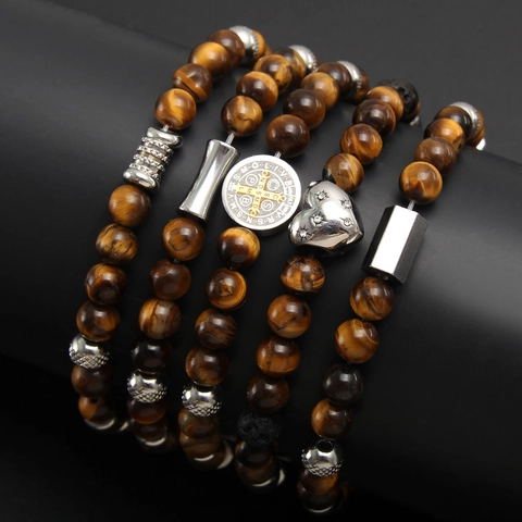 Tiger Eye Natural Stone Beaded Bracelet Stainless Steel Religious Medal Heart Pendant Vintage Stretch Jewelry Unisex
