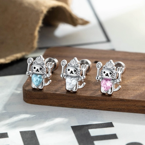 Boucle D'oreille Cartilage Chat Chef Cuivre Avec Zircon Cœur Fourchette Cuillère Fermoir À Vis Bijoux
