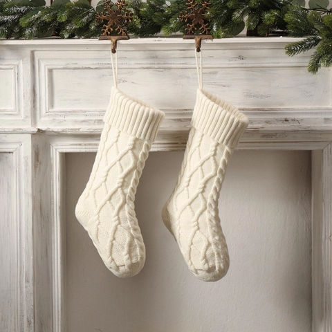 Christmas Stocking Cable Knit Double Diamond Pattern Acrylic Hanging Gift Bag Fireplace Holiday Party Decor Rustic
