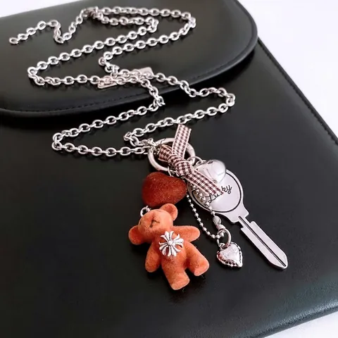 Vintage Long Chain Sweater Necklace Titanium Steel Copper Flocking Bear Heart Key Bowknot For Women Cool Aesthetic Jewelry