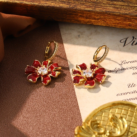 Pendientes De Botón De Flor Vintage Esmalte Cobre Chapado En Oro Con Poste De Plata Esterlina 925 Para Mujeres Estilo Retro