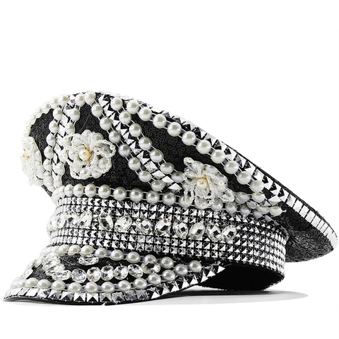 Chapeau De Capitaine Style Militaire Paillettes Avec Künstliche Perles Fantaisie Strass Dentelle Performance Fête Pour Femmes
