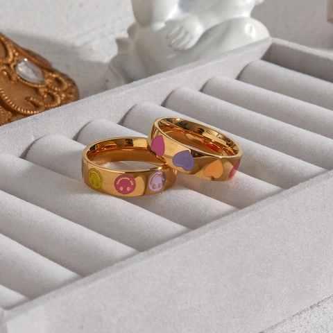 Edelstahl 18K Gold Vergoldet Ring Emaille Smiley Herz Stern Muster INS Trendiger Schmuck Für Damen