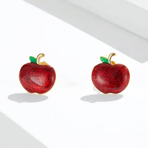 925 Sterling Silver Red Apple Stud Earrings For Women Christmas Fruit Enamel Drip Oil Glitter Gold Plated Minimalist Earring Jewelry