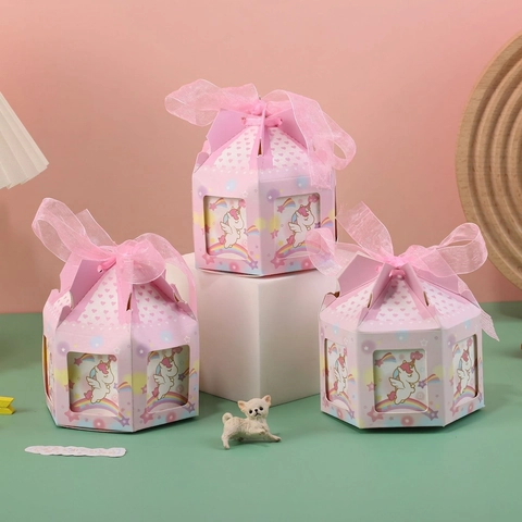 Karussell Einhorn Geschenkbox Hexagon Süßigkeitenbox Papier Gunst Box Mit Schleife Für Hochzeit Geburtstag Party Dekoration