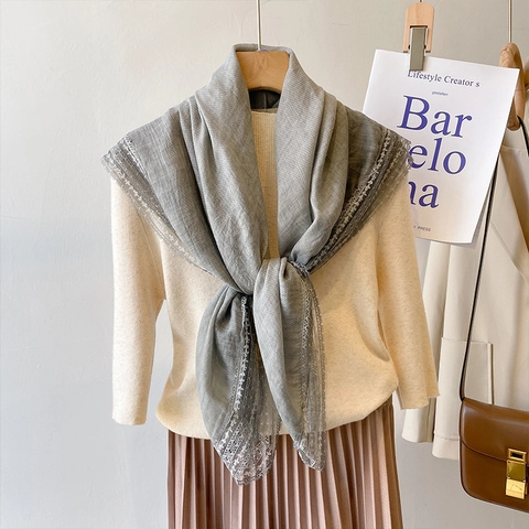 Women Scarf Shawl Lace Trim Cotton Linen Feel Lightweight Sun Protection Elegant Solid Color Summer Spring Wrap