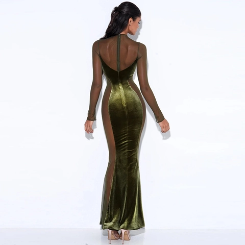 Sexy Fluweel En Mesh Splicing Bodycon Maxi Jurk Lange Mouwen Hollow Out Perspectief Avondfeest Voor Vrouwen