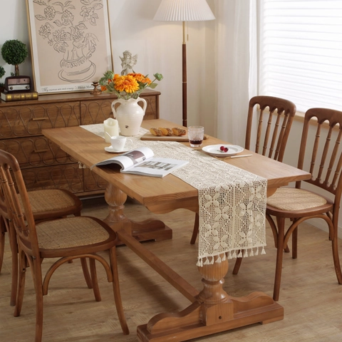Handgemaakte Gehaakte Tafelloper Beige Opengewerkte Kant Katoen Tafelkleed Met Kwastjes Voor Eettafel Bruiloft Huis Decoratie