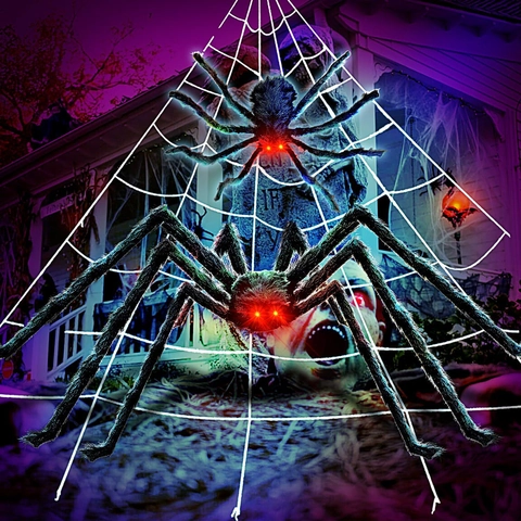 Halloween Spinne Spinnennetz Dekoration Schwarzer Plüsch Mit LED Rot Leuchtenden Augen Für Outdoor Gruselparty Requisite