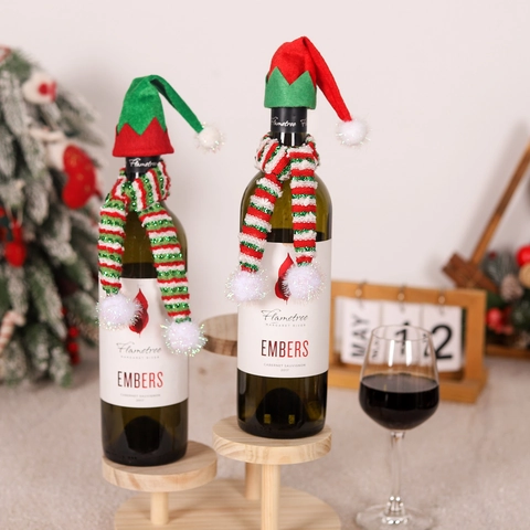 Christmas Wine Bottle Cover Mini Elf Hat And Striped Knit Scarf With Pompoms For Xmas Party Dining Table Home Decor