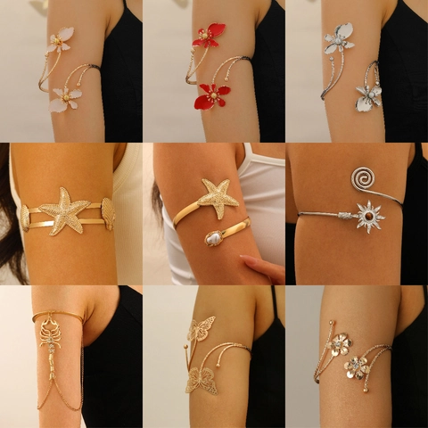 Bohemian Arm Cuff Bracelet Alloy Rhinestone Artificial Pearl Tassel Chain Butterfly Starfish Heart Charm Adjustable Armlet Jewelry Women