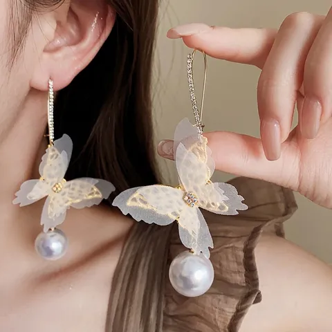 Orecchini A Goccia Farfalla In Tulle E Künstliche Perle Con Strass E Perno In Argento Gioielli Eleganti Vintage Da Donna