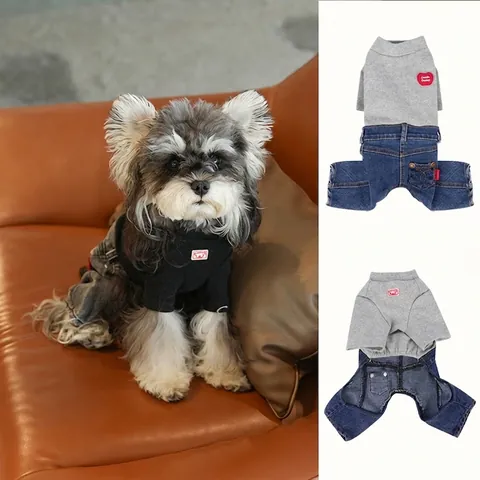 Pet Dog Jumpsuit Knit Denim Patchwork Four Legged Romper Heart Patch Casual Apparel Small Medium Dogs Cats