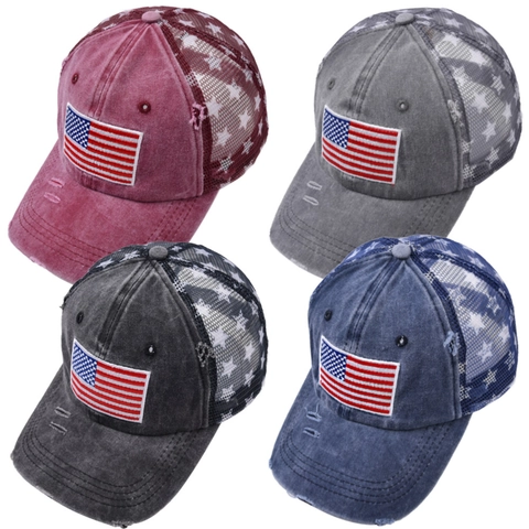 US Flag Patch Baseball Cap Distressed Washed Cotton Breathable Mesh Star Print Retro Adjustable Trucker Hat