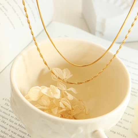 Double Layer Stainless Steel Necklace For Women Gold Plated Herringbone Snake Water Wave Chain Minimalist Fashion Jewelry