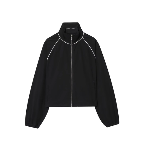 Women Zip Up Sport Jacket Stand Collar Nylon Polyester Woven Coat With White Piping Raglan Sleeve Casual Streetwear