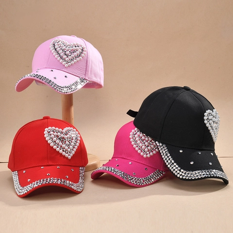 Berretto da Baseball da Donna con Cuore di Perle Artificiali e Strass Cappello da Sole in Misto Cotone per Esterno con Rivetti