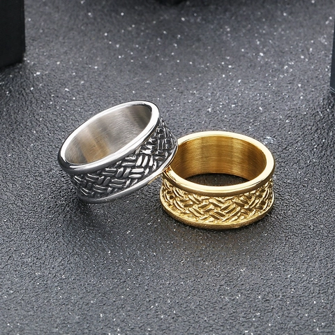 Vintage Woven Texture Men Ring 316L Stainless Steel Wide Band Retro Punk Hip Hop Trendy Individual Finger Jewelry
