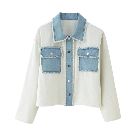 Chaqueta Vaquera Patchwork Mujer Corta Blanco Roto Azul Solapa Botonadura Borde Crudo Manga Larga Casual