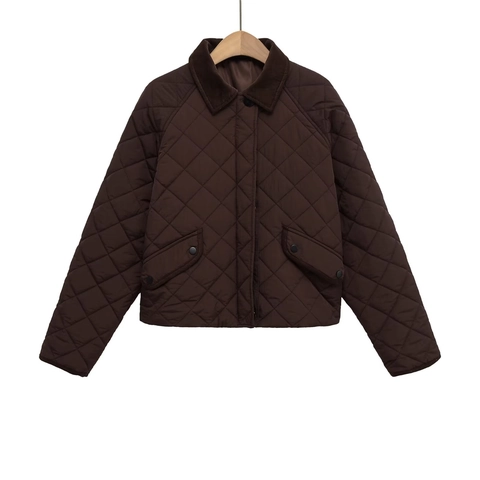 Chaqueta Acolchada de Diamantes Vintage para Mujer Abrigo Corto Cuello de Pana Casual de Manga Larga para Otoño Invierno