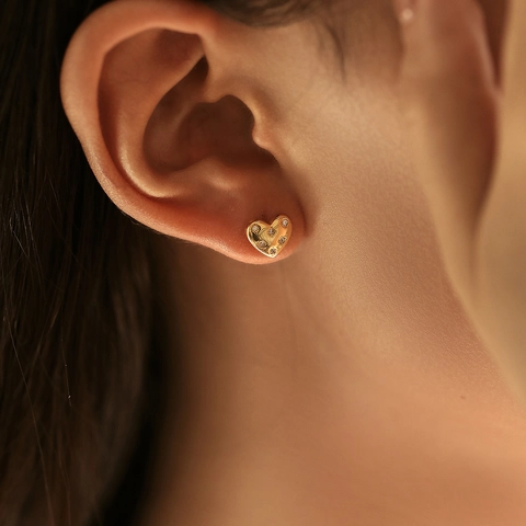 Orecchini a Lobo a Cuore in Argento Sterling S925 per Donna Stile Dolce Francese Placcato Oro Argento Zircone Gioielli