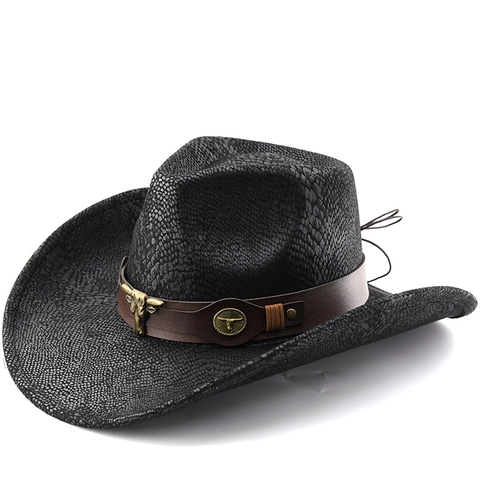 Cappello Da Cowboy Occidentale Trama Pelle Di Serpente Tesa Larga Fedora Retro Jazz Con Testa Di Toro Metallo