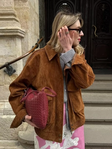 Chaqueta Bomber De Ante Sintético Para Mujer Vintage Color Sólido Ajuste Holgado Solapa Cremallera Cazadora Informal