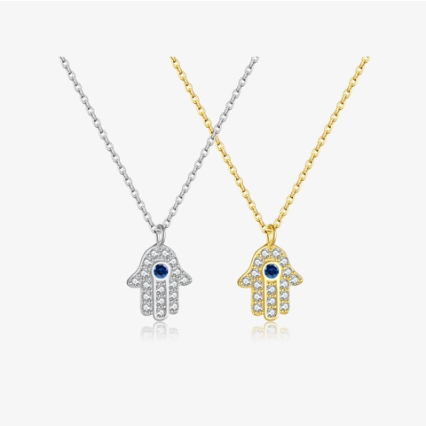 925 Sterling Silver Hamsa Hand Necklace For Women Rhinestone Evil Eye Pendant Adjustable Cable Chain Fashion Jewelry Gift