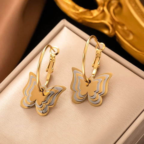 Boucles D'oreilles Créoles Acier Inoxydable Avec Tige Vintage Émail Mauvais Œil Papillon Étoile Bijoux Géométriques