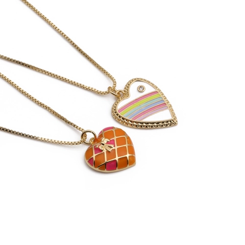 Heart Pendant Necklace Gold Plated Copper Enamel Rainbow Stripes Grid Pattern Rhinestone Bow Jewelry Gift For Women