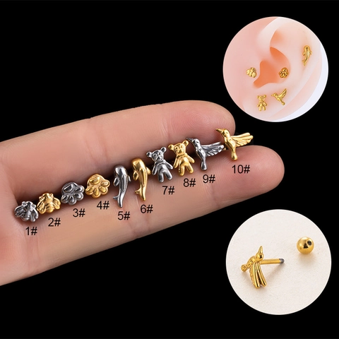 Orecchini Cartilagine Animali Acciaio Inossidabile Ape Orso Zampa Uccello Delfino Minimalista Gioielli Da Piercing