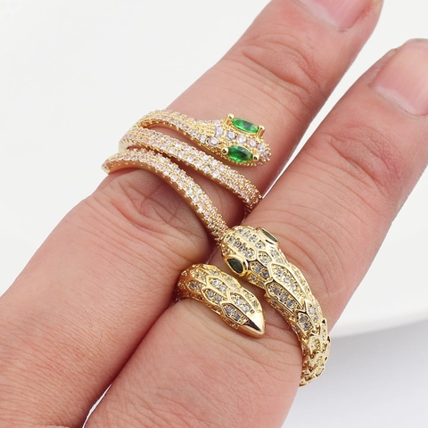 Snake Shaped Open Ring 18K Gold Plated Copper With Zircon Green Eye Gemstones Adjustable Elegant Jewelry For Women