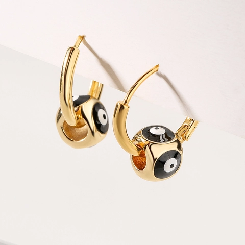 Boucles D'oreilles Créoles Mauvais Œil En Cuivre Plaqué Or Véritable Émail Charmes Cube Bijoux Vintage Pour Femmes