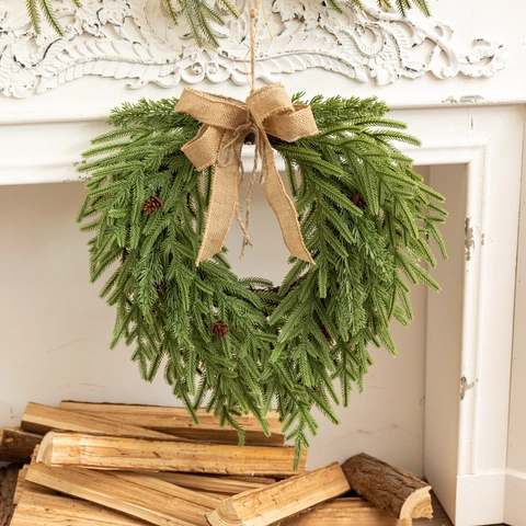 Ghirlanda Natalizia A Forma Di Cuore Aghi Di Pino Artificiali Fiocco In Lino Pigne Naturali Decorazione Da Porta Stile Rustico