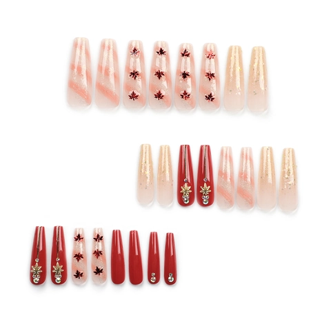 Coffin Extra Lange Press On Nagels Rood Esdoornblad Strass Pailletten Herfst Stijl Valse Nagels Voor Vrouwen