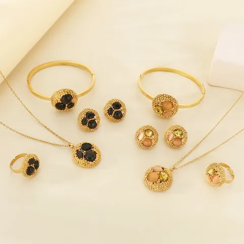 Stainless Steel Jewelry For Women Vintage Round Pendant Necklace Bracelet Ring Earrings With Colorful Zircon Gold Plated
