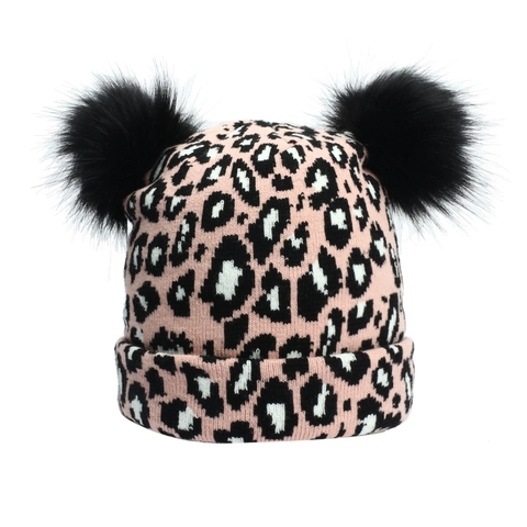 Bonnet En Tricot À Imprimé Léopard Pour Femmes Avec Double Pompons En Fausse Fourrure Bonnet D'Hiver Chaud En Acrylique