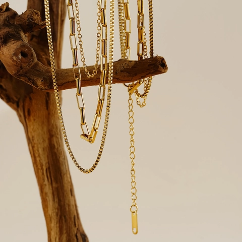 Layered Necklace 18K Gold Plated Stainless Steel Paperclip Box O-Chain Multi Strand Retro Minimalist Jewelry For Women