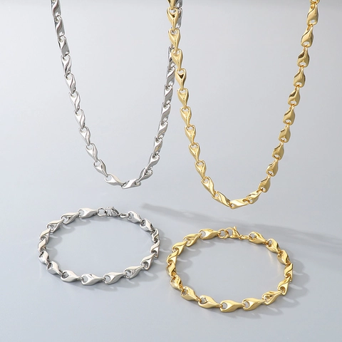 Hip Hop Stainless Steel Twisted Link Chain Necklace And Bracelet For Men Women Punk Street Style Accessory