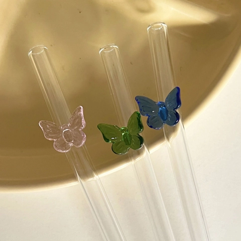 Reusable Glass Straws Heat Resistant Borosilicate Colorful Butterfly Decorative Drinkware Eco Friendly Aesthetic