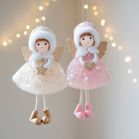 Ciondolo Peluche Angelo di Natale Ali in Rete con Paillettes Bambola in Tessuto Morbido Decorazione per Albero di Natale