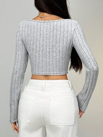 Sexy Langarm Crop Top Damen T-Shirt Rippstrick V-Ausschnitt Knoten Vorne Schmale Passform Solid Rippentop Streetwear