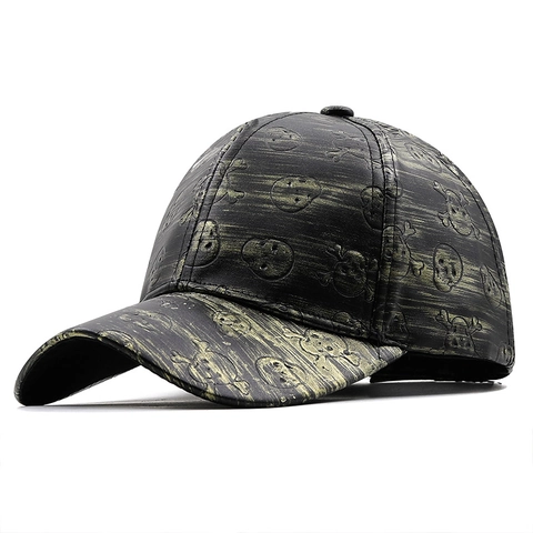 Gorra De Béisbol Cuero PU Patrón Cráneo Gótico Punk Desgastado Protección Solar Sombrero Ajustable
