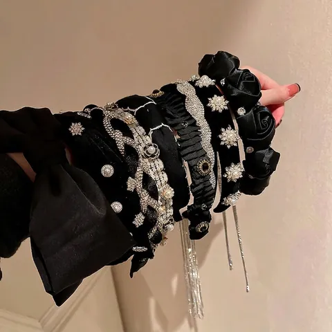 Women Black Velvet Satin Headband With Rhinestones Artificial Pearls Bow Retro Elegant Hair Hoop Accessories