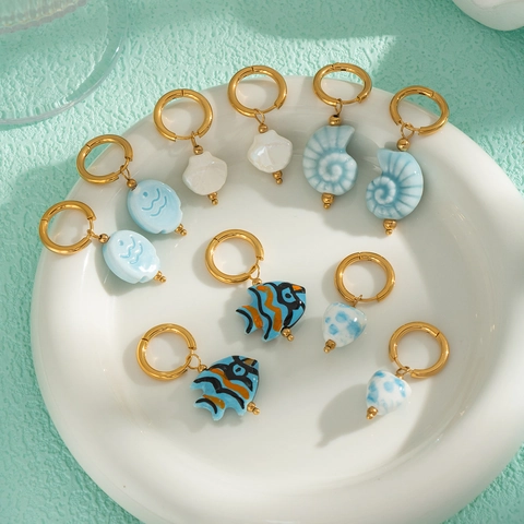 Ocean Theme Hoop Earrings Women 304 Stainless Steel Gold Plated Ceramic Shell Dolphin Fish Pendants Hypoallergenic Jewelry