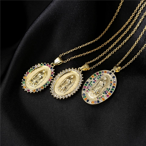 Virgin Mary Pendant Necklace Copper Gold Plated With Zircon Micro Pave Religious Jewelry For Women