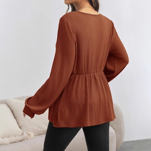 Maternity Ribbed Knit Top V Neck Long Sleeve Peplum Button Decor Solid Color Pregnancy Blouse Shirt Casual For Women