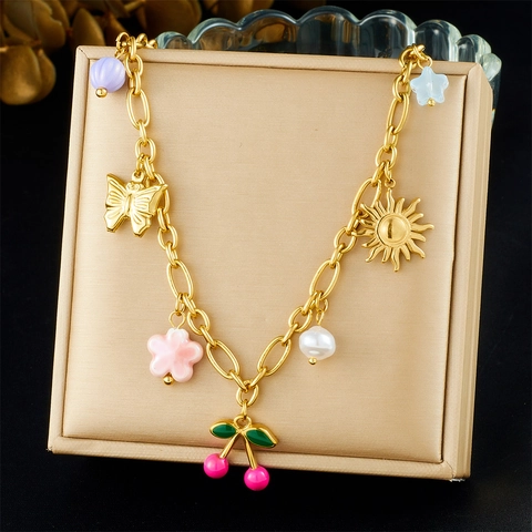 Collar De Acero Inoxidable Chapado En Oro Múltiples Colgantes Cereza Mariposa Sol Flor Perla Artificial Cuentas Para Mujeres Joyería Dulce Vintage