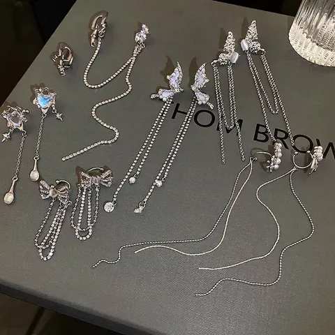 Clips D'oreilles Papillon Nœud À Pampilles Longue Chaîne Boucles D'oreilles Künstliche Perles Fantaisie Sans Perçage Bijoux Élégants