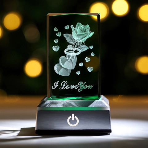 Veilleuse En Cristal Gravée Au Laser 3D Avec Base LED Changement De Couleur Ornement Décoratif Pour Cadeaux Maman Amis